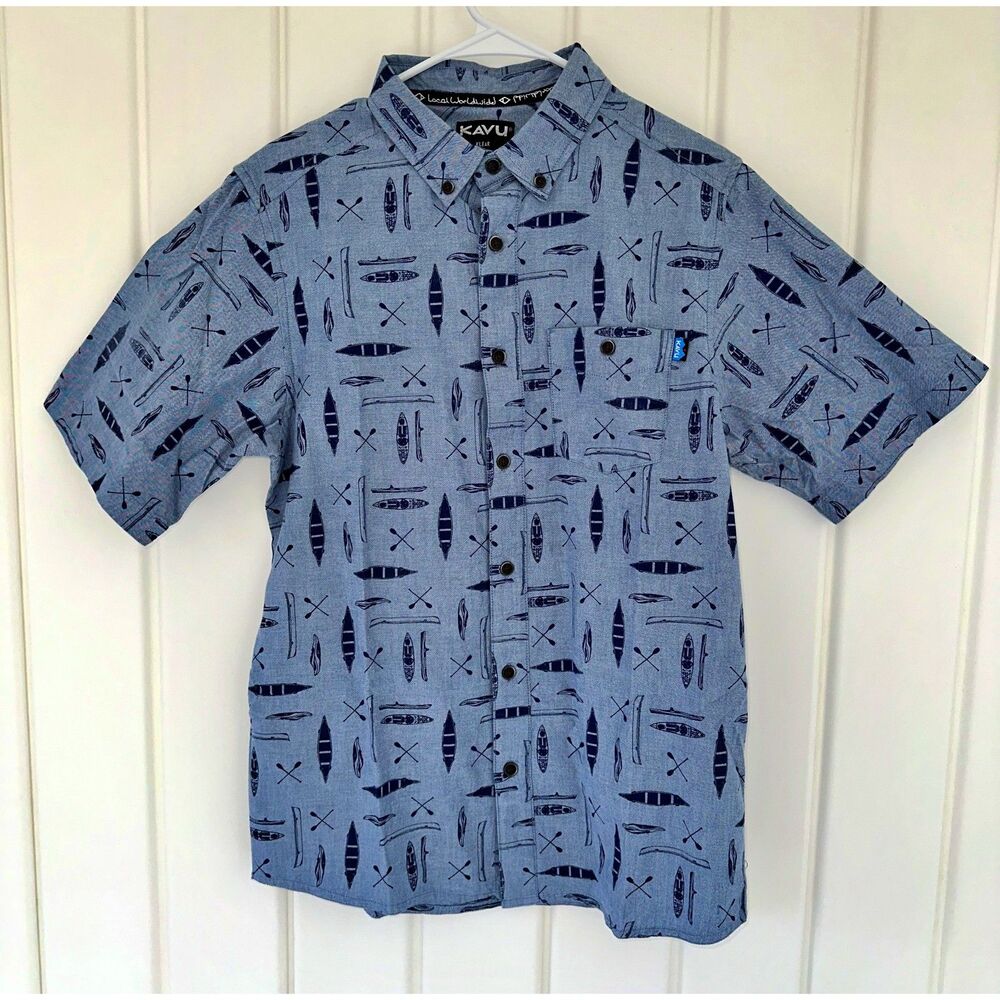 Vintage Men's KAVU Juan Paddle Onward Blue Gray Shirt Featuring Kayaks Paddles